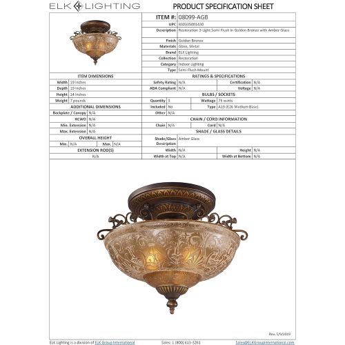  ELK Elk 08097-Agb Restoration 3-Light Semi-Flush Mount, Golden Bronze, 9-Inch H By 10-Inch W