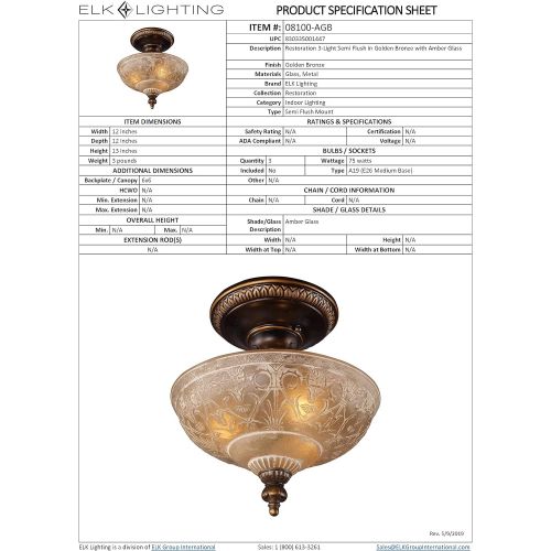  ELK Elk 08097-Agb Restoration 3-Light Semi-Flush Mount, Golden Bronze, 9-Inch H By 10-Inch W