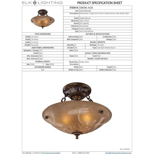  ELK Elk 08097-Agb Restoration 3-Light Semi-Flush Mount, Golden Bronze, 9-Inch H By 10-Inch W