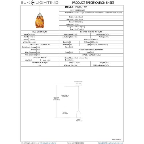  ELK Elk 100891RV Mini Vortex 1-Light Pendant with Rainbow Glass Shade, 4 by 7-Inch, Satin Nickel Finish