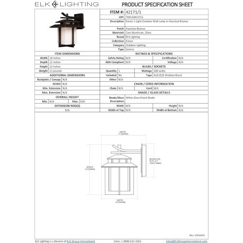  ELK Elk 421711 Kanso 1-Light Outdoor Sconce 10-Inch Width by 13-Inch Height In Hazelnut Bronze