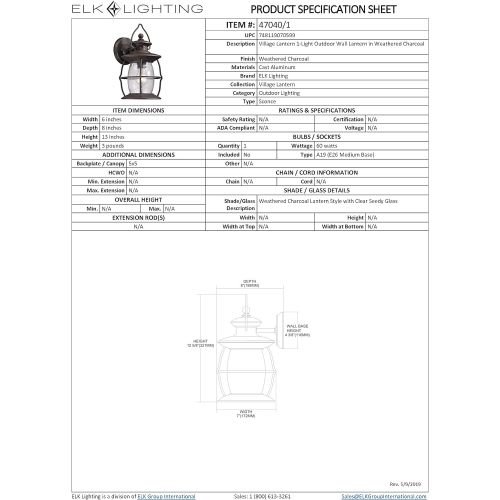  ELK Lighting 470401 Village Lantern Collection 1 Light Outdoor Sconce, 13 x 6 x 8, Weathered Charcoal