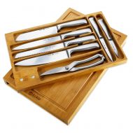 ELKO 8 Piece Hollow Handle Knife Set  Includes Chef Knife, Bread Knife, Carving Knife, Santoku Knife, Utility Knife, Paring Knife, Scissors, With Bamboo Block - By Elko Professional