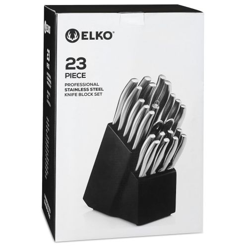  ELKO Classic Stainless Steel Knife Block Set  23 Piece - Knife Sharpener And Scissors Included - Cutlery Knife Set For Chefs, Cooks, Commercial Kitchens, Homes, Culinary Schools  By E