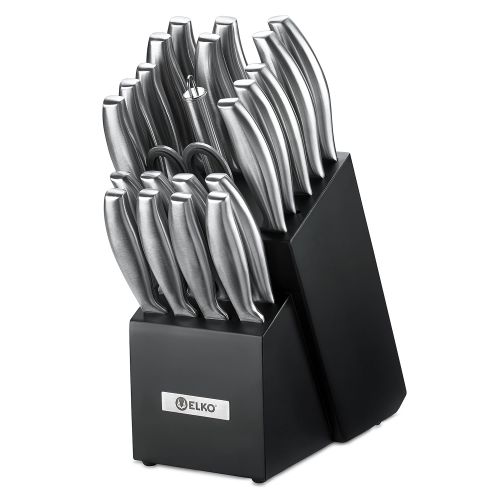  ELKO Classic Stainless Steel Knife Block Set  23 Piece - Knife Sharpener And Scissors Included - Cutlery Knife Set For Chefs, Cooks, Commercial Kitchens, Homes, Culinary Schools  By E