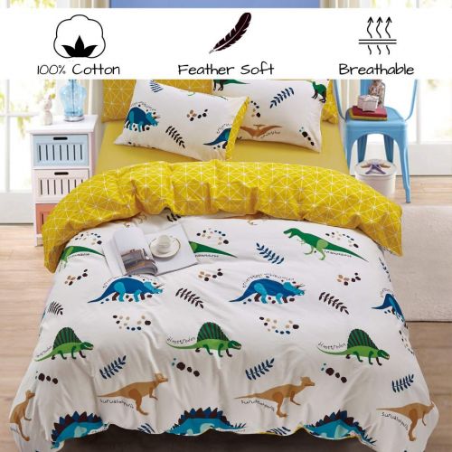  ELLE & KAY Dinosaur Bedding Set for Kids - 100% Cotton, Zipper Closure, Reversible Kids Dinosaur Duvet Covers - Toddler, Girls and Boys Comforter Cover, 3 pieces, Queen Toddler Bed