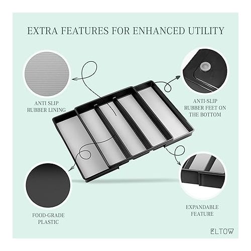  ELTOW Expandable Utensil Drawer Organizer, 5 Compartment Non-Slip & Adjustable Large Utensil Organizer for Kitchen Drawers, Kitchen Organization for Utensils, Flatware Storage Tray (Black)