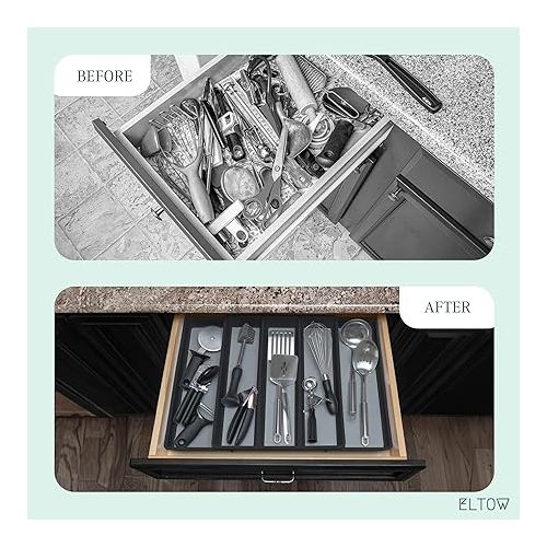  ELTOW Expandable Utensil Drawer Organizer, 5 Compartment Non-Slip & Adjustable Large Utensil Organizer for Kitchen Drawers, Kitchen Organization for Utensils, Flatware Storage Tray (Black)