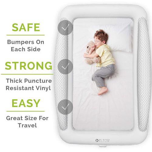  ELTOW Inflatable Toddler Air Mattress Bed W/ Safety Bumpers| Portable, Modern Travel Bed/ Nap Cot for Toddlers| Perfect For Travel, Camping, School| Removable Mattress, High Speed Pump &