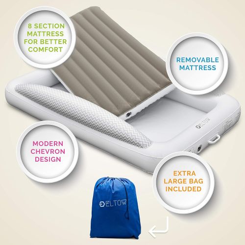  ELTOW Inflatable Toddler Air Mattress Bed W/ Safety Bumpers| Portable, Modern Travel Bed/ Nap Cot for Toddlers| Perfect For Travel, Camping, School| Removable Mattress, High Speed Pump &