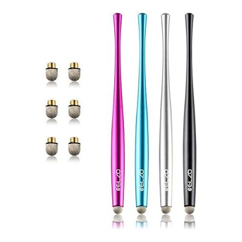  [아마존베스트]ELZO Capacitive Stylus Pens Premium Metal Slim Combo 4 Pcs with 6 Replacement Nanofiber Tips for Touch Screen Tablets Asus/Surface/Samsung/iPhone/iPad/LG and More (Black, Silver, L