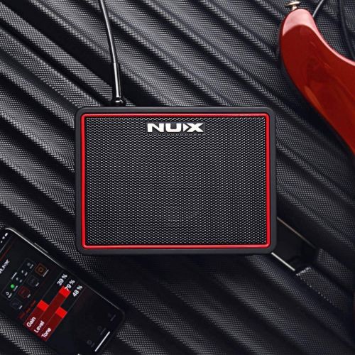 NUX Mighty Lite BT Mini Amp (Red) Bundle with Blucoil 2-Pack of 10-FT Straight Instrument Cables (1/4in), 2-Pack of Pedal Patch Cables, 4-Pack of Celluloid Guitar Picks, and 6 AA B