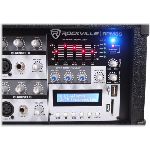  ELZU.US Rockville RPM85 2400w Powered 8 Channel Mixer,USB, 5 Band EQ, Effects/Bluetooth