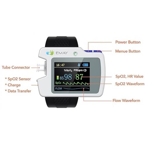  EMAY SleepO2 Pro - Wrist Pulse Oximeter with SpO2 & Flow Tracking Overnight | Wrist Sleep Oxygen Monitor for Blood Oxygen Levels & Flow Recording Continuously | Gets Overnight Report with ODI & AHI Data | Comes with PC Software (For Windows Only)