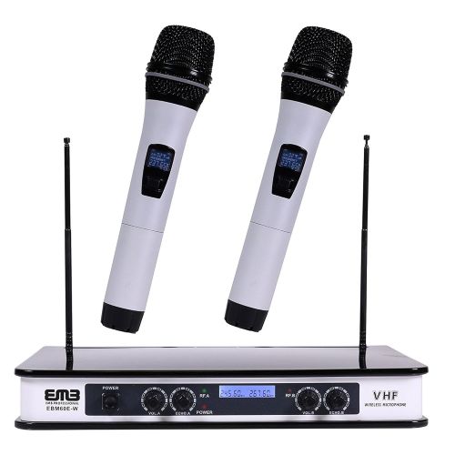  EMB - EBM60E White VHF Dual Wireless Handheld Microphone System with Echo Feature. Great for Karaoke, DJ, PA, Presentation, Live Performances and Family Party