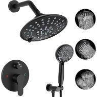 EMBATHER Black Shower Faucets Sets - Overhead Rain Head Shower System with 8-Mode High Pressure Handheld Complete Combo and Mixer Valve Trim Kit - 3-Way Rainfall Shower Fixture for Luxury Bathroom