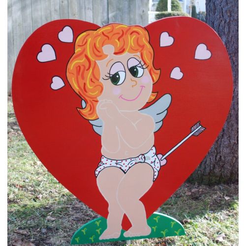  EMCYardArt Valentines Day Cupid Heart Painted Yard Art, Valentines Day Yard Art Decoration, Holiday Lawn Yard Stakes