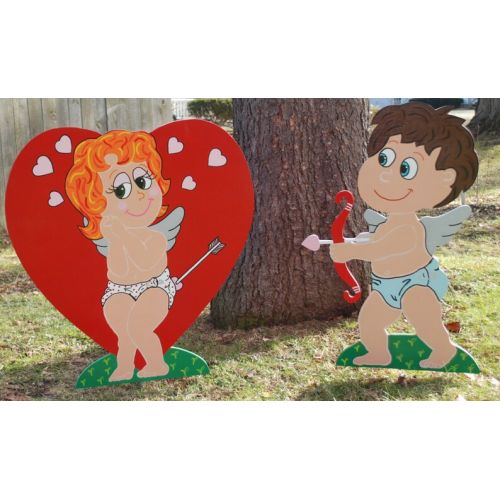  EMCYardArt Valentines Day Cupid Heart Painted Yard Art, Valentines Day Yard Art Decoration, Holiday Lawn Yard Stakes