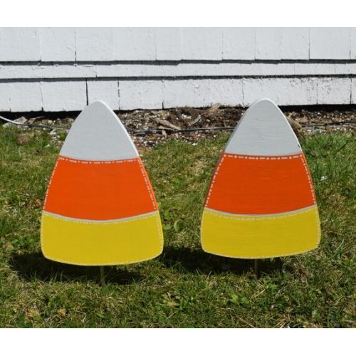  EMCYardArt 3 Candy Corn Yard Stakes, Halloween Outdoor Yard Decorations Garden Stakes,Yard Art, Wood Painted Candy Corn Yard Decorations