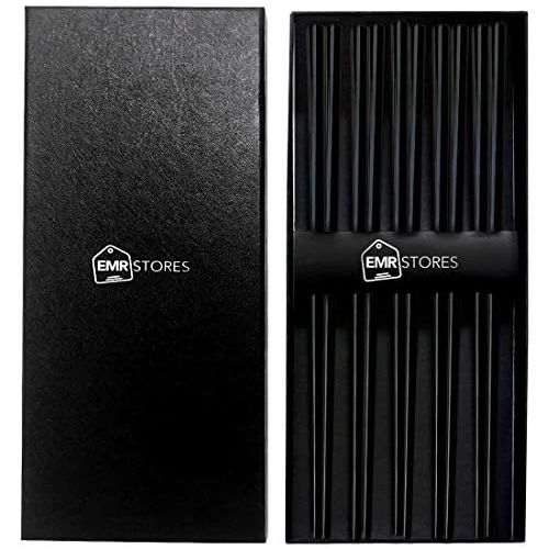  [아마존베스트]EMRSTORES Stainless Steel Chopsticks - Black Reusable Chopsticks - 5 Pairs Dishwasher Safe Metal Chopsticks - Easy to Use - Square Lightweight Chop Sticks - Gift Set