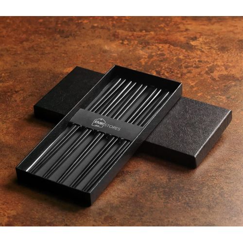  [아마존베스트]EMRSTORES Stainless Steel Chopsticks - Black Reusable Chopsticks - 5 Pairs Dishwasher Safe Metal Chopsticks - Easy to Use - Square Lightweight Chop Sticks - Gift Set