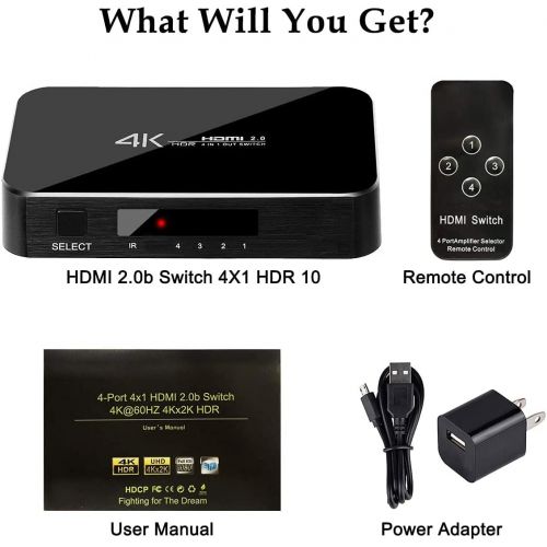  ENBUER HDMI Switch 4X1, 4K Ultra HD HDMI Switcher Support HDMI 2.0 HDCP 2.2, 3D, 1080P, 4Kx2k@60Hz (IR Remote Control)