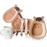 ENCOCO Kids Bamboo Fiber Divided Plate Dinner Set Children Tableware Set 5 Piece Kids Toddler Meal Set(Horse)