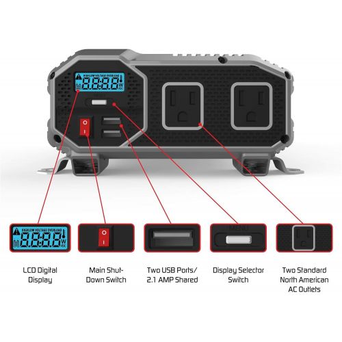  ENERGIZER 2000 Watt 12V Power Inverter, Dual 110V AC Outlets, Automotive Back Up Power Supply Car Inverter, Converts 120 Volt AC with 2 USB ports 2.4A Each