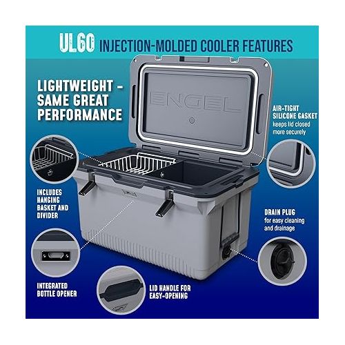  ENGEL 60 QT Ultra-Light Injection Molded Cooler - Ice Chest Keeps Ice up to 7 Days - Large Cooler Includes Wire Basket, Divider and Built-in Bottle Opener