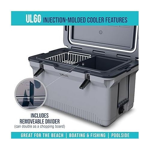  ENGEL 60 QT Ultra-Light Injection Molded Cooler - Ice Chest Keeps Ice up to 7 Days - Large Cooler Includes Wire Basket, Divider and Built-in Bottle Opener