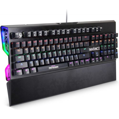  ENHANCE Pathogen Optical Blue Switch Mechanical Keyboard - Gaming Keyboard with Super Fast 0.2ms Response, Water & Dust Resistant, NKRO & Anti-Ghosting, Removable Wrist Rest, Rainb