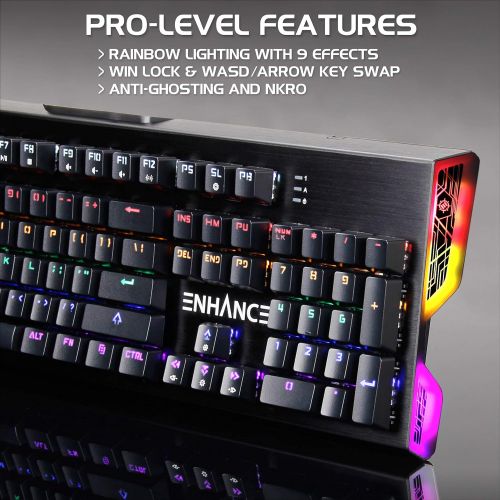  ENHANCE Pathogen Optical Blue Switch Mechanical Keyboard - Gaming Keyboard with Super Fast 0.2ms Response, Water & Dust Resistant, NKRO & Anti-Ghosting, Removable Wrist Rest, Rainb