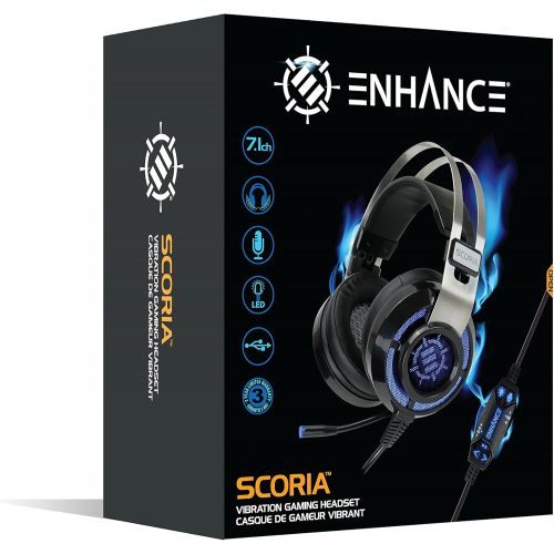  ENHANCE Scoria Gaming Headset for Computer & PS4 with USB 7.1 Surround Sound , Interactive Bass Vibration , Adjustable LED Lighting , In-Line Controls & Retractable Microphone - Te