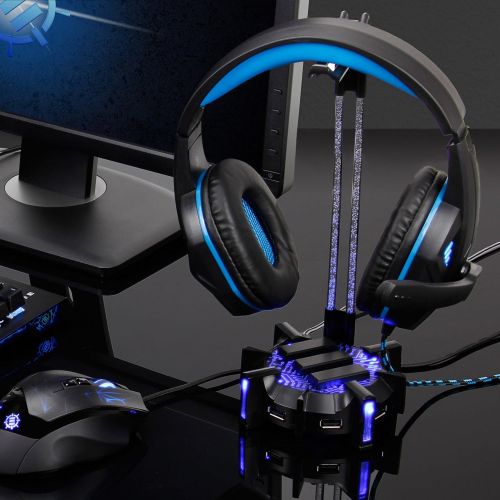  [아마존베스트]ENHANCE Gaming Headset Stand Headphone Holder with 4 Port USB Hub, Customizable LED Lighting, Flexible Acrylic Neck - Universal Hanger with Weighted Base for Home Work Station Orga