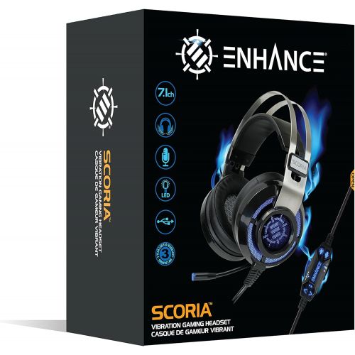  ENHANCE Scoria Gaming Headset for Computer & PS4 with USB 7.1 Surround Sound , Interactive Bass Vibration , Adjustable LED Lighting , In-Line Controls & Retractable Microphone - Te