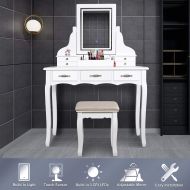 ENSTVER LED Vanity Table,7 Drawers Makeup Dressing Table with Cushioned Stool-White