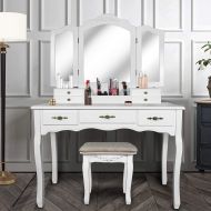 ENSTVER Vanity Beauty Station,Large Tri-Folding Necklace Hooked Mirrors,6 Organization 7 Drawers Makeup Dress Table with Cushioned Stool Set - White