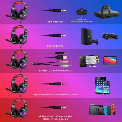  Gaming Headset with Mic for PC,PS4/PS5,Xbox One,ENVEL Over-Ear Headphones with Volume Control RGB LED Light Cool Stereo,Noise Reduction for Laptops,Smartphone,Computer