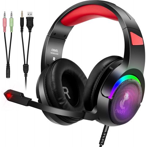  Gaming Headset with Mic for PC,PS4/PS5,Xbox One,ENVEL Over-Ear Headphones with Volume Control RGB LED Light Cool Stereo,Noise Reduction for Laptops,Smartphone,Computer