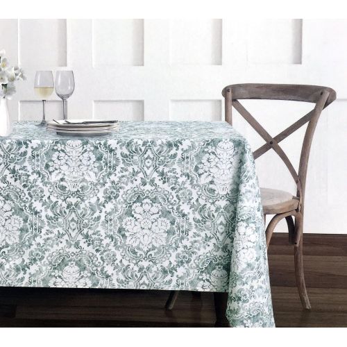  ENVOGUE Fabric Tablecloth 60 x 102 Inches Victorian Floral Scroll Medallion Pattern in Gray/Green on White Home 100% Cotton