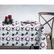 ENVOGUE Holiday Collection Cotton Fabric Christmas Tablecloth Holly Pine Boughs Cones Berries Wreaths Cardinals Birds Pattern French Stamps Paris Script 90 Inches Round