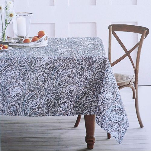  ENVOGUE Tablecloth Fabric Floral Paisley Medallion Pattern in Shades of Blue and Beige on White, 100% Cotton, Home - 60 Inches by 120 Inches