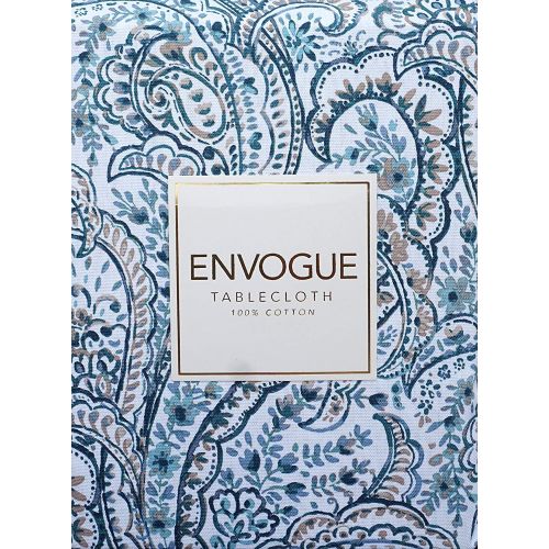  ENVOGUE Tablecloth Fabric Floral Paisley Medallion Pattern in Shades of Blue and Beige on White, 100% Cotton, Home - 60 Inches by 120 Inches