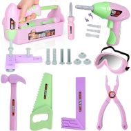 Pink Tool Set Box (18 PCS) Kids Tool Set Pretend Play Construction Tool Accessories with a Tool Box Including Toy Pink Manual Drill Construction Kits for Kids Ages 3-5 Years Old Girls Gift