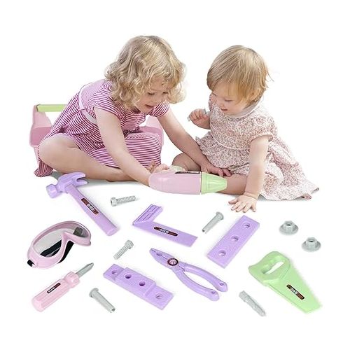  Pink Tool Set Box (18 PCS) Kids Tool Set Pretend Play Construction Tool Accessories with a Tool Box Including Toy Pink Manual Drill Construction Kits for Kids Ages 3-5 Years Old Girls Gift