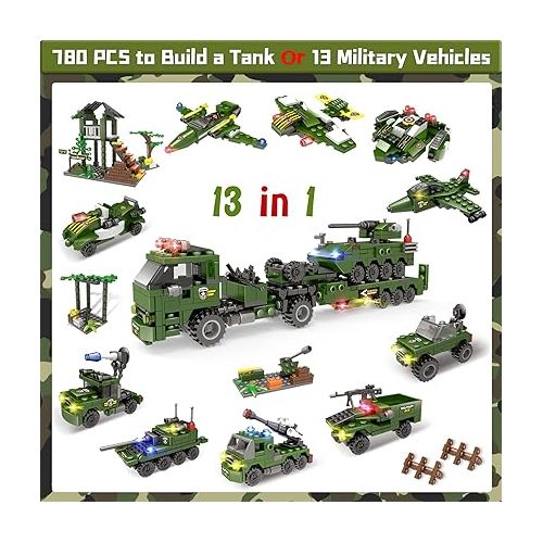  1164 Pcs City Army Military Building Blocks Toy kits, Corps War Toy Set with Tank, Helicopters, Cop Vehicles Set, Kids Construction Bricks Set with Storage Box and Base Plate Cover for Kids Aged 6-12