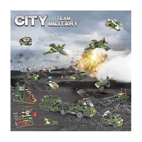  1164 Pcs City Army Military Building Blocks Toy kits, Corps War Toy Set with Tank, Helicopters, Cop Vehicles Set, Kids Construction Bricks Set with Storage Box and Base Plate Cover for Kids Aged 6-12