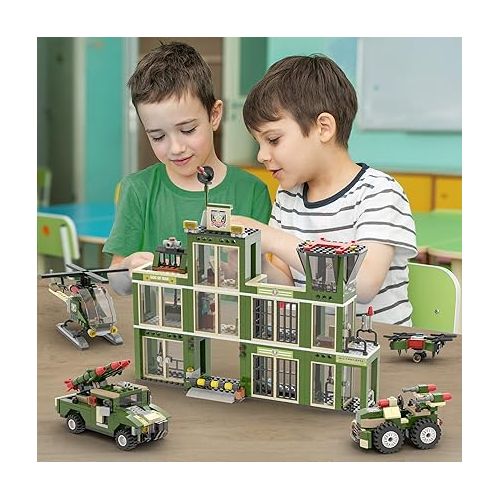  City War Military Army Station Building Blocks Set, Army Helicopter, Heavy Truck, Combat Vehicle, and Drone, Creative Military Brick Toy Best Gift for Kids, Boys Ages 6-12 (802 Pieces)