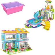 Friends House Pool Party Building Kit, Family House Swimming Pool Water Park Building Set with Storage Box, Creative Roleplay Building Blocks Toy Birthday Gifts for Kids Girls Aged 6-12 (1736 Pieces)