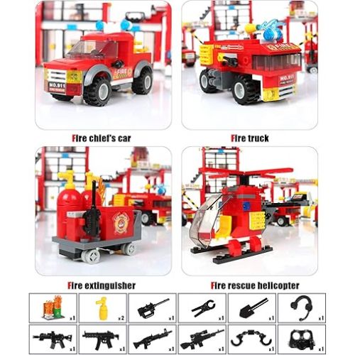  896 Pieces City Fire Station STEM Building Blocks Set, Fire Truck, Helicopter, Vehicle, Creative Fire Rescue Toy, Baseplates Storage Box, Roleplay Parent-Child Playset, Gift for Kids Boys Girls 6-12